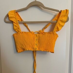 California Waves Gold Flutter Sleeve Smocked Crop Top